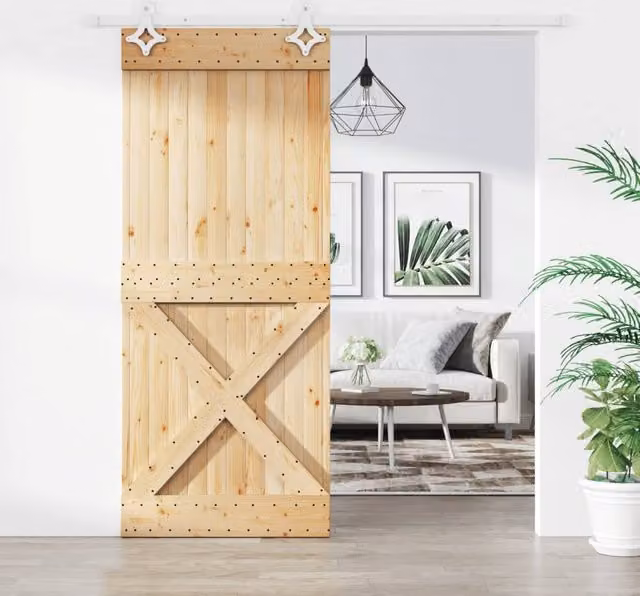 Berkfield Home Rustic Solid Pine Sliding Door with Hardware Set, Brown, W: 85 cm, H: 210 cm