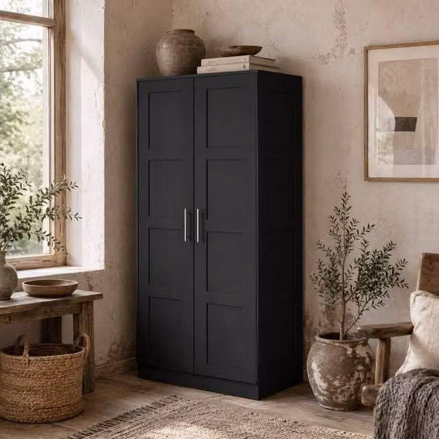 Wyld Haus Corarani Black 2 Door Wardrobe with Soft Close Hinged Doors, Hanging Rod and Internal Shelves, H 180 x W 80 x D 53.5 cm – 1
