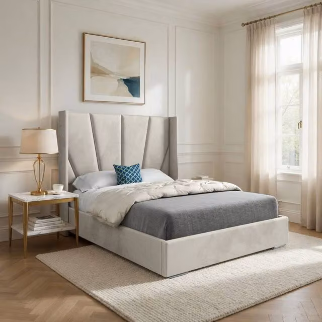 Casani Fairlight Wide Curved Winged Designer Bed Frame in Beige Soft Velvet, Super King Size (200 x 200 cm)