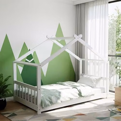 Kidsaw Jinsen White Solid Wood House-Shaped Single Cottage Bed for Children, W/D/H: 90 x 190 cm – 1