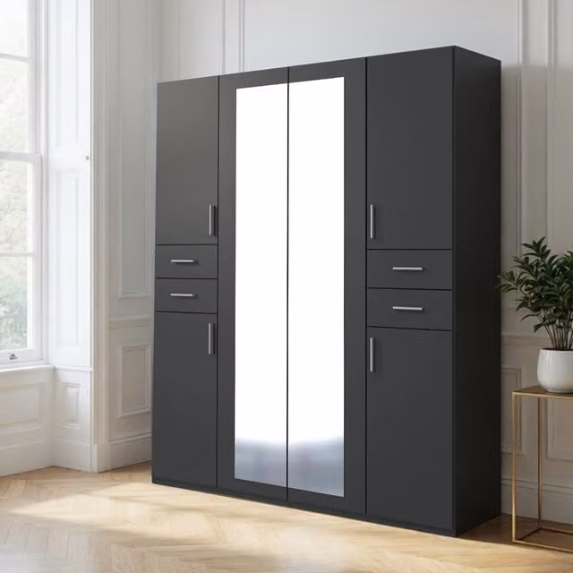 Vegas 4 Door Wardrobe in Graphite Grey with Mirror and Integrated Drawers