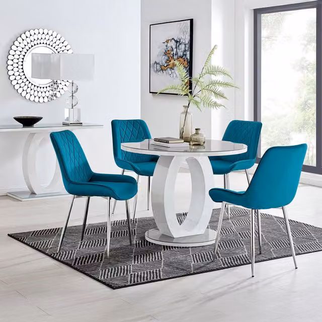 FurnitureboxUK Giovani Round Grey Glass Dining Table with 4 Blue Pesaro Silver Leg Chairs, Diameter: 120 cm