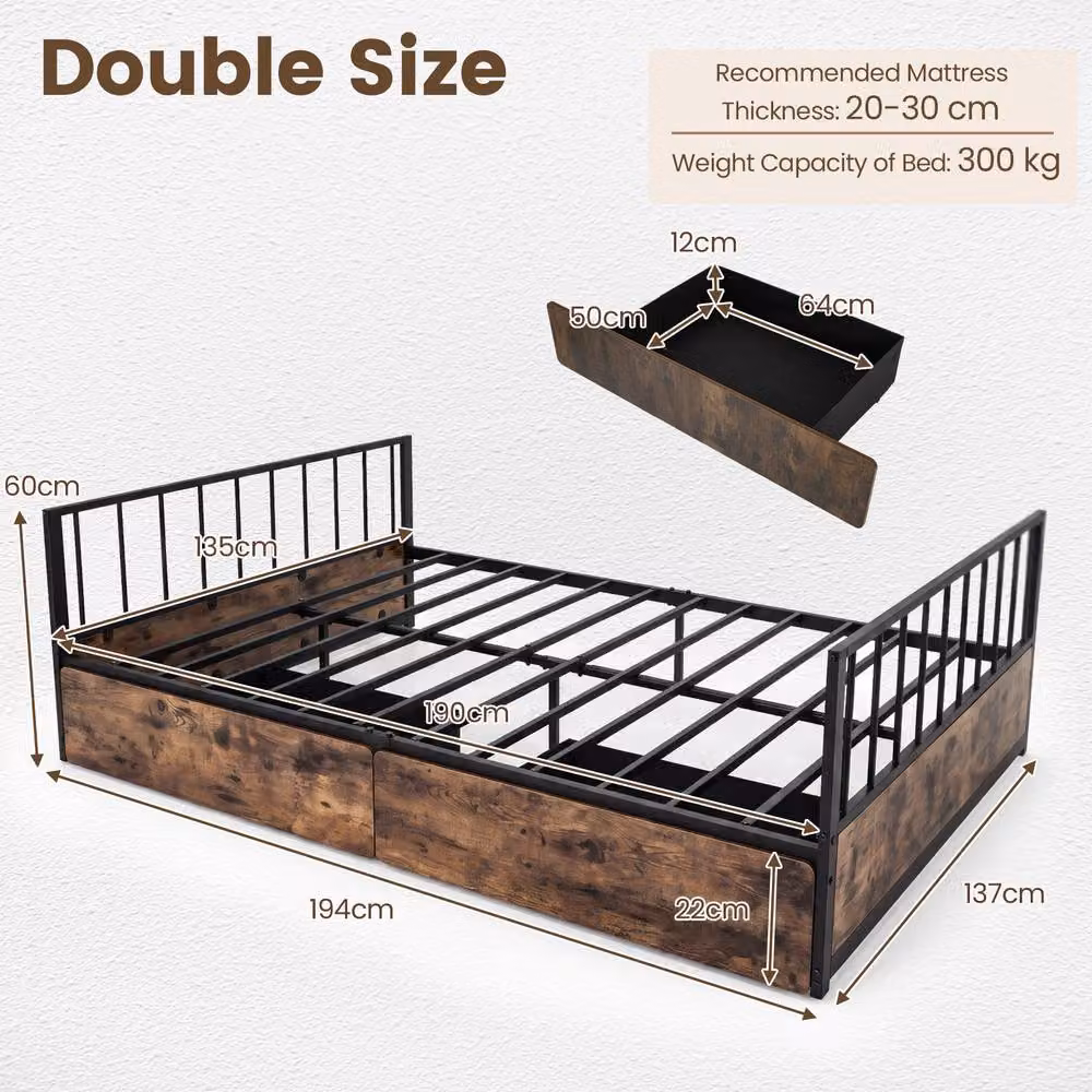 Gymax Industrial Metal Platform Bed Frame with 2 Drawers, Black, 140 x 200 cm – 2