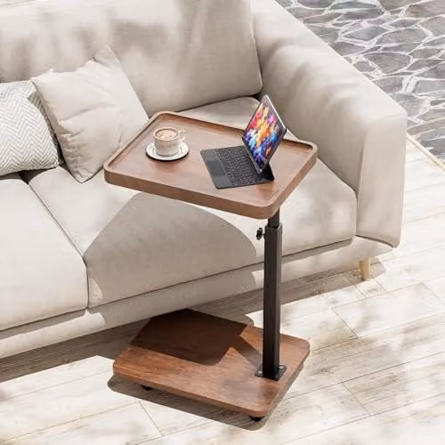 Huhote C-Shaped Side Table in Brown with Height Adjustable Rotating Top and Castors