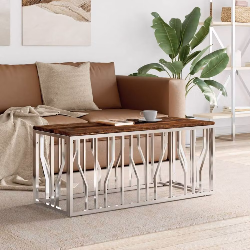 Berkfield Home Silver Reclaimed Solid Wood and Stainless Steel Decorative Coffee Table W/D/H: 110 x 45 x 45 cm – 2