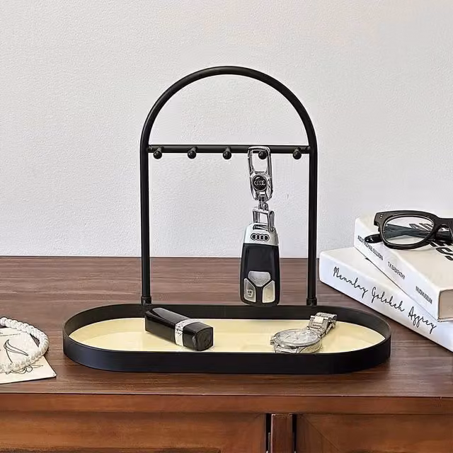 VOGREX Modern Oval Metal Key Holder and Entryway Tray in Black