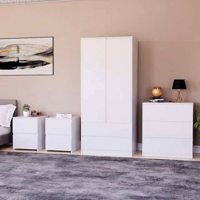 Vida Designs Modern 4-Piece White Bedroom Set including Wardrobe, Chest of Drawers and 2 Nightstands