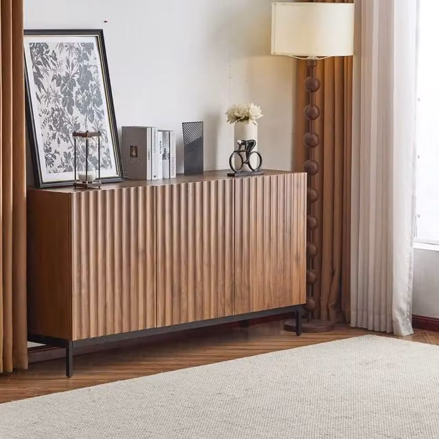 Merax Dark Oak Effect Sideboard Storage Cabinet with 3D Wave Doors in Brown, W/D/H: 150 x 40 x 80 cm – 1