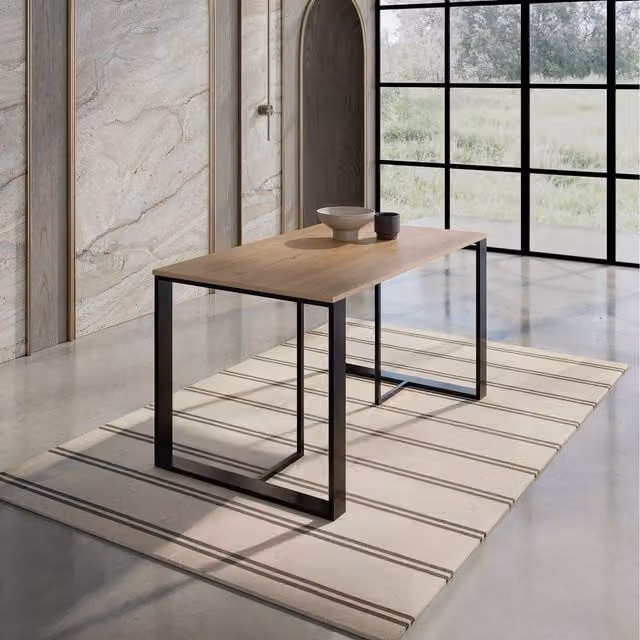 Decortie Rectangular 4-Seater Dining Table in Brown and Black with Metal Legs, W/D/H: 140 x 80 x 75 cm
