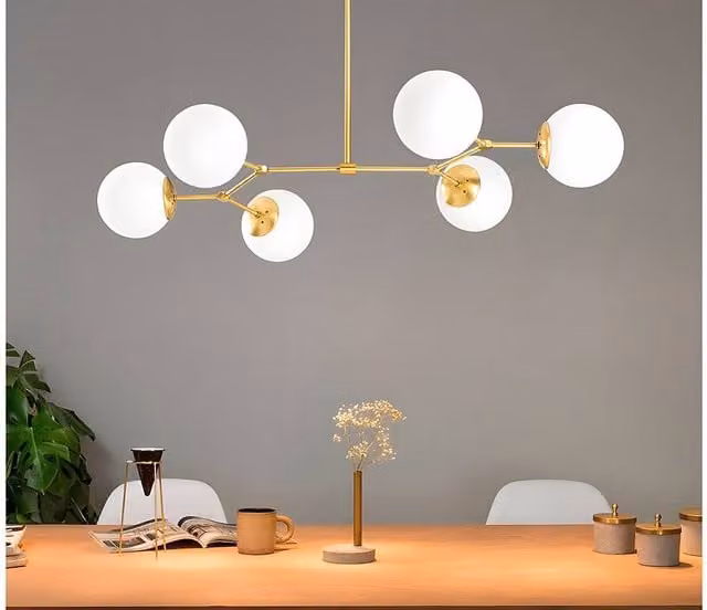 DAMAR Metal Chandelier with 6 White Glass Globes in Gold and White, W: 100 cm, H: 52 cm – 1