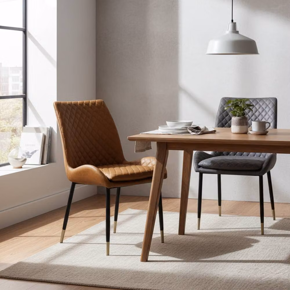 IH Design Set of 2 Modern Dining Chairs in Brown Faux Leather with Gold Metal Legs – 4