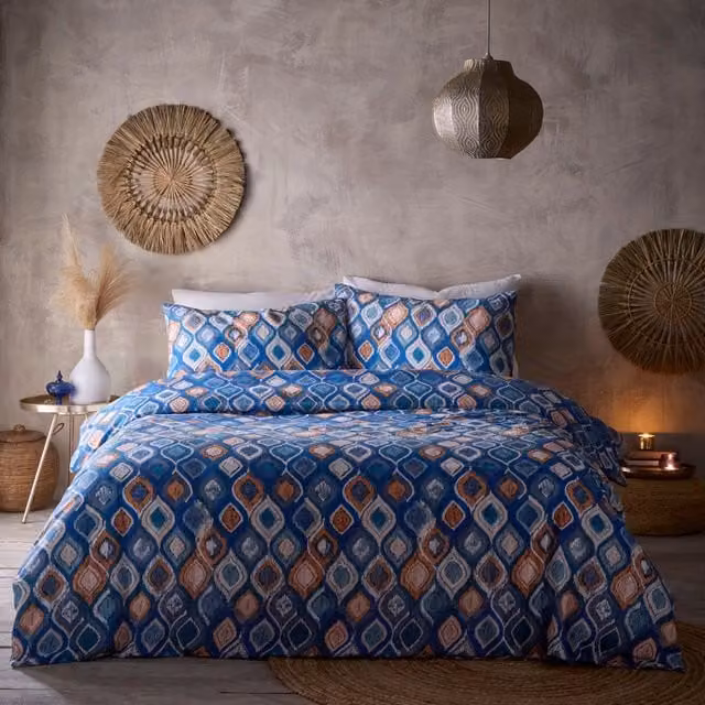 Portfolio Home Tangiers Geometric Blue Duvet Cover and Pillowcase Set, Super King