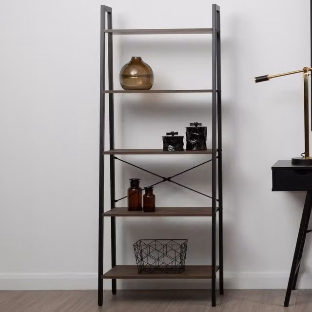 Orsina Five Tier Oak Veneer Ladder Shelf Unit in Dark Brown, Industrial Style Freestanding Open Back Shelf, W/D/H: 64 x 34 x 164 cm – 1