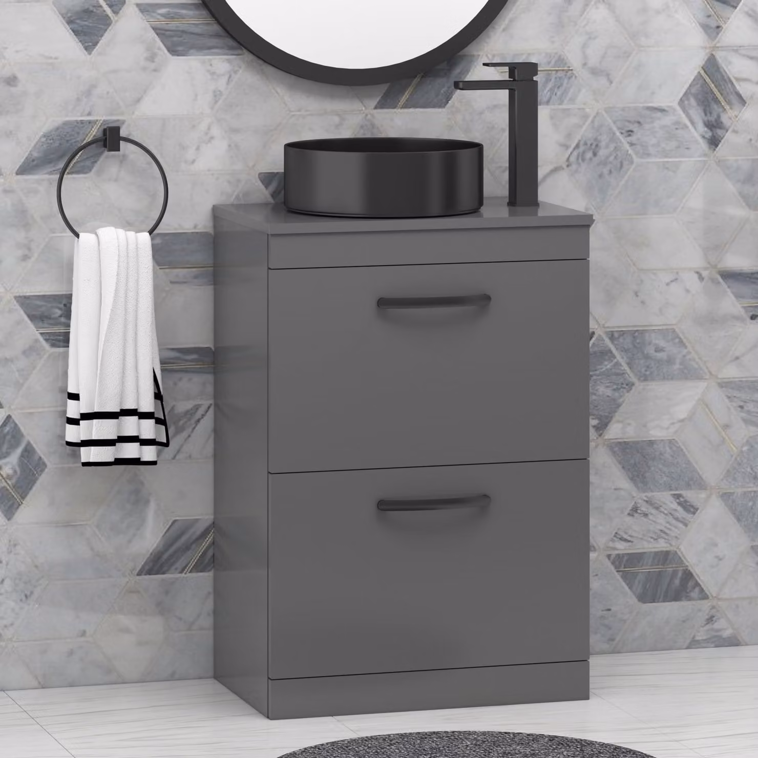 Royal Bathrooms Floor Standing 2 Drawer Vanity Unit in Indigo Grey Gloss, Width: 60 cm
