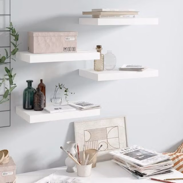 Berkfield Home Set of 4 High Gloss White Floating Wall Shelves, W: 40 cm, D: 23 cm, H: 3.8 cm
