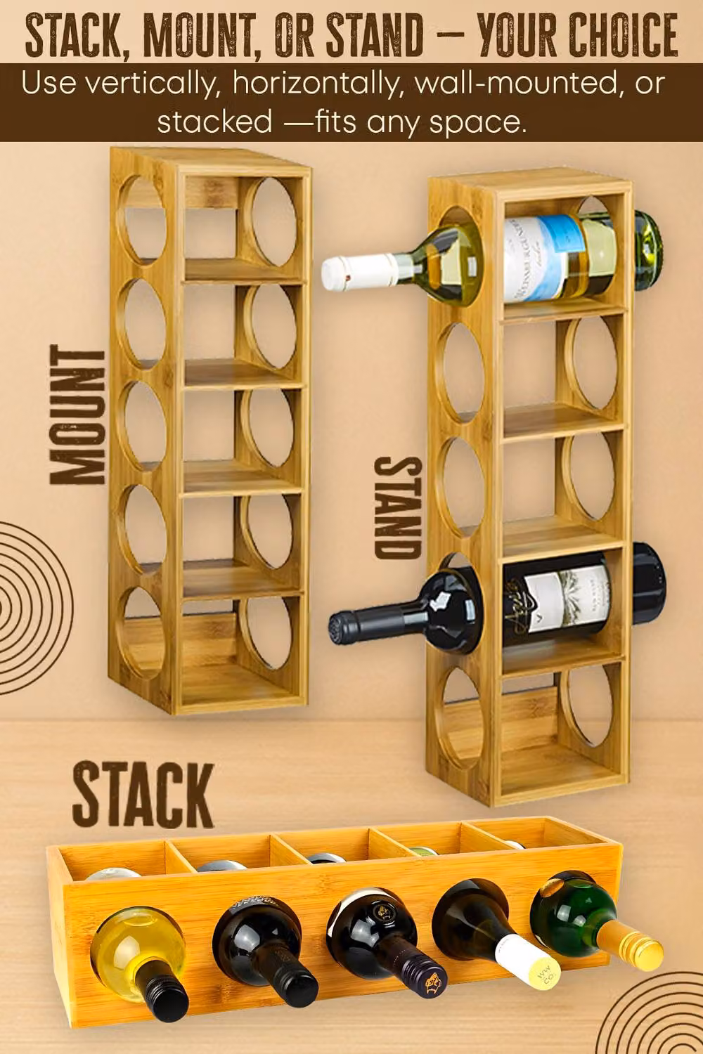 Hygrad Bamboo Stackable Wine Rack Holder, Wall Mounted, Natural Brown – 3