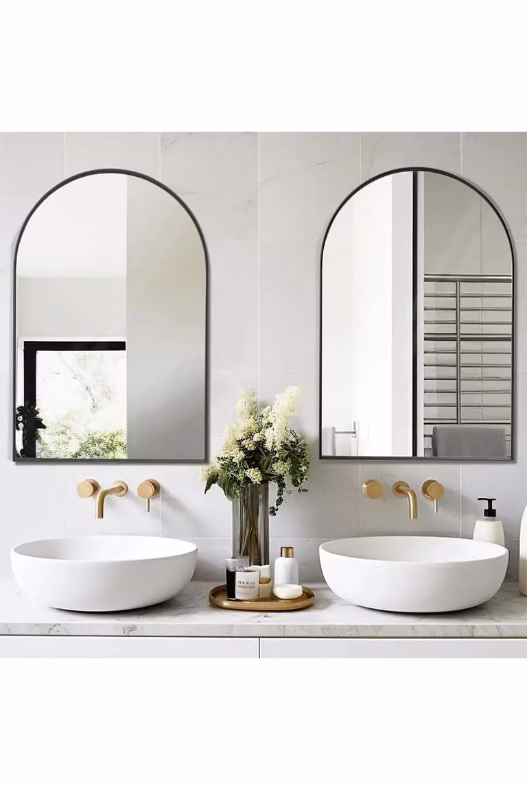 Living and Home Modern Arched Metal Frame Bathroom Wall Mirror in Black, W: 50 cm, H: 70 cm