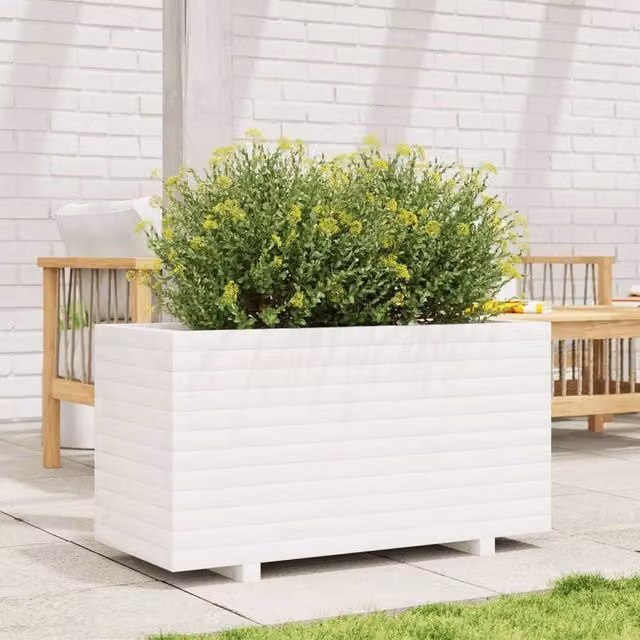 Berkfield Home Decorative Garden Planter, White, Solid Wood, W: 90 cm, D: 40 cm, H: 49.5 cm