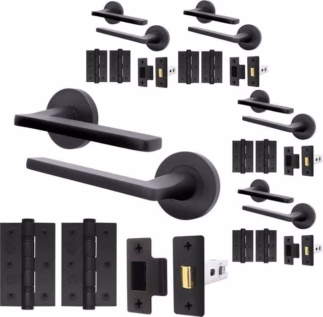 AFIT Matt Black Aluminium Door Handle Latch and Hinge Set, 5 Pack, 150 x 150 mm – 1