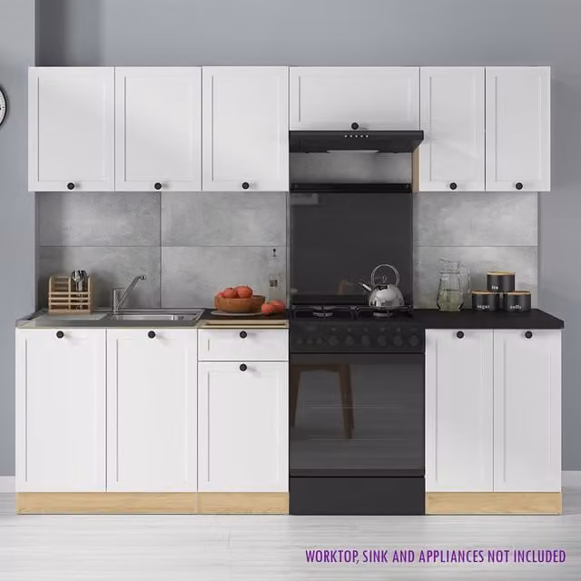 Heze Furniture Summer 7 Unit Modern Freestanding Kitchen Cabinet Set in White, Grey and Oak Glossy Finish