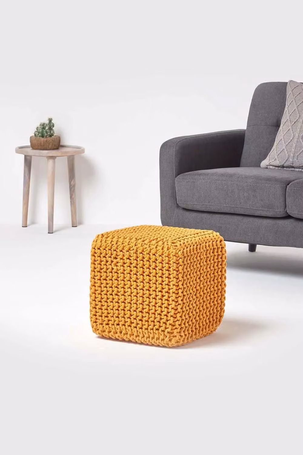 Homescapes Cube Cotton Knitted Pouffe Footstool in Yellow – 2