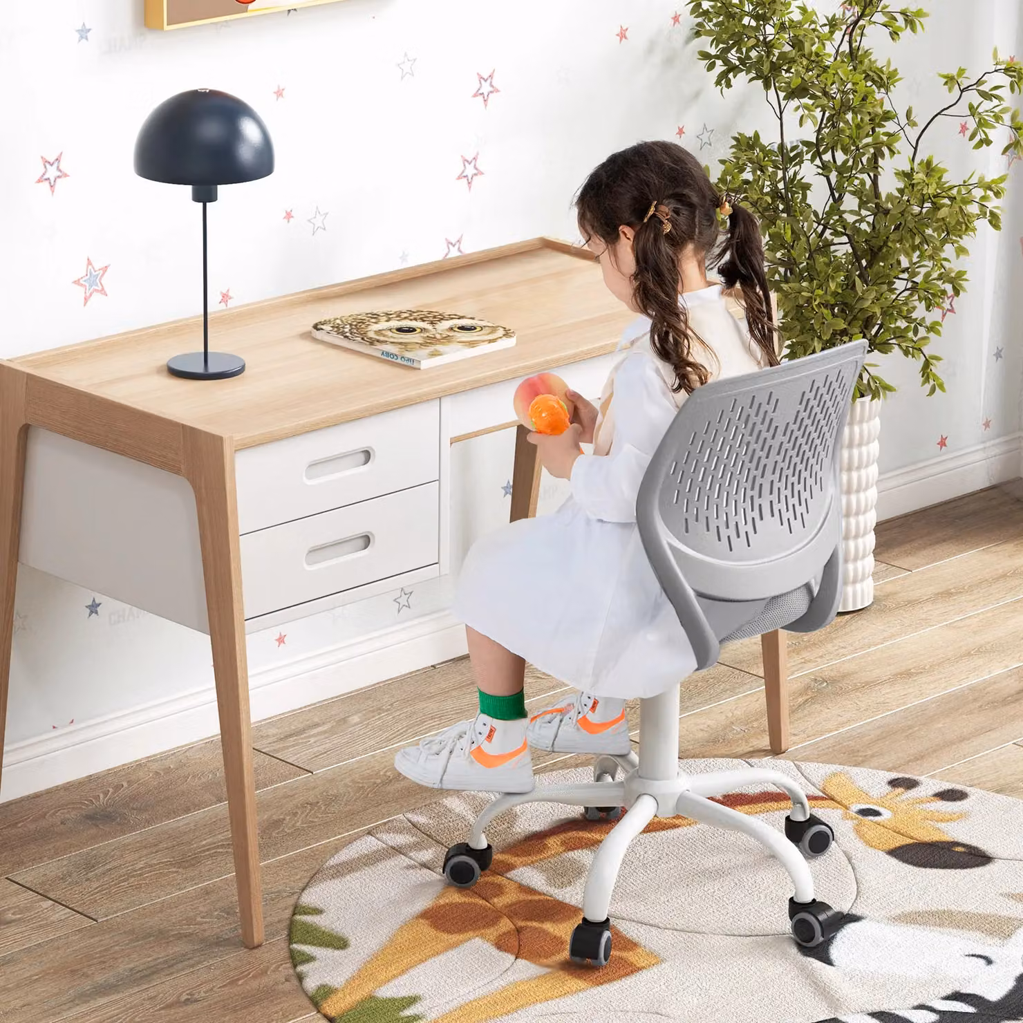 Gymax Ergonomic Swivel Kids Study Chair in Grey with Adjustable Height and Castors – 2