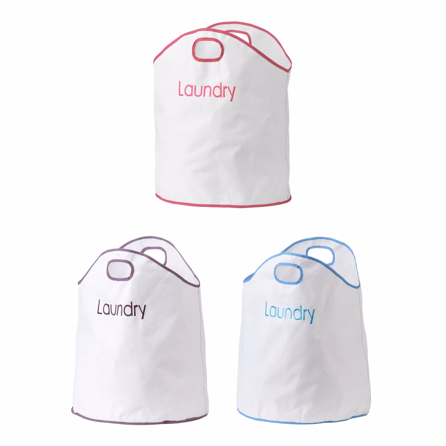 Orsina Blue Fabric Laundry Bag with Purple Trim, Collapsible Hamper with Handles and Drawstring Closure