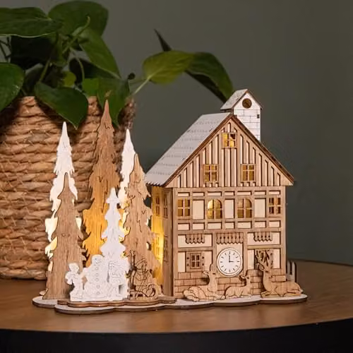 Samuel Alexander Battery Operated Light Up Wooden House Scene with Christmas Trees and Warm White LEDs in Brown and White, Height: 16 cm – 2