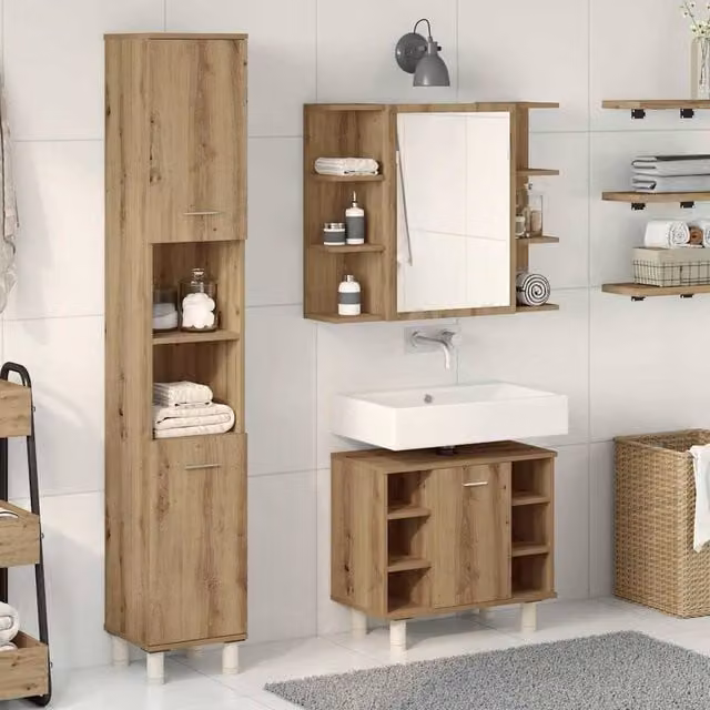 Berkfield Home 3 Piece Modern Bathroom Furniture Set in Artisan Oak Brown featuring Mirror Cabinet, Tall Cabinet and Vanity Unit – 1