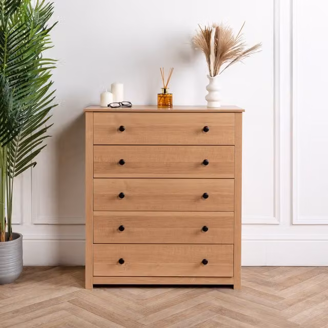 Home Treats Rustic Brown Pine Wooden Chest of 4 Drawers with 5 Drawers