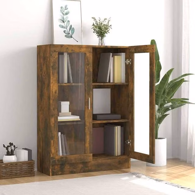 Berkfield Home Vitrine Cabinet in Smoked Oak Brown with Glass Doors, W/D/H: 82.5 x 30.5 x 115 cm