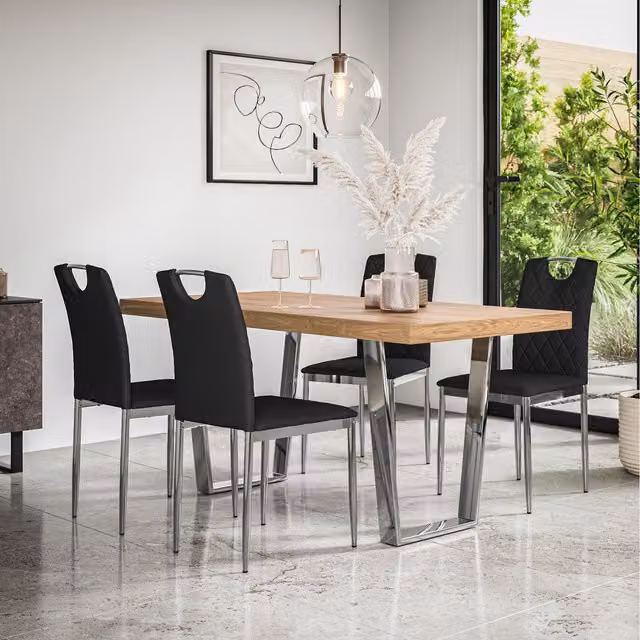 More4Homes Aria Oak Effect Dining Table Set with 6 Black Monza Faux Leather Chairs