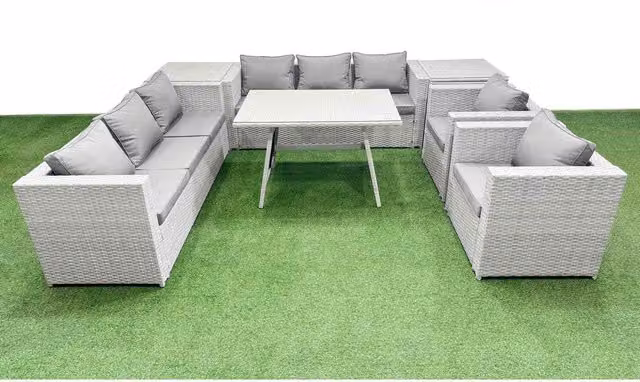 Fimous 8-Seater PE Rattan Garden Sofa and Dining Set in Light Grey with Dark Grey Fabric