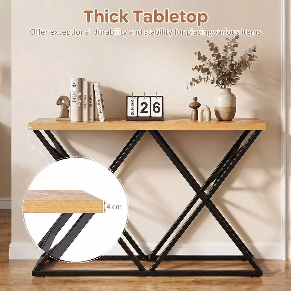 VOGREX Black and Beige Farmhouse Entryway Console Table with Geometric X-Frame Metal Design, W: 140 cm, H: 90 cm – 3