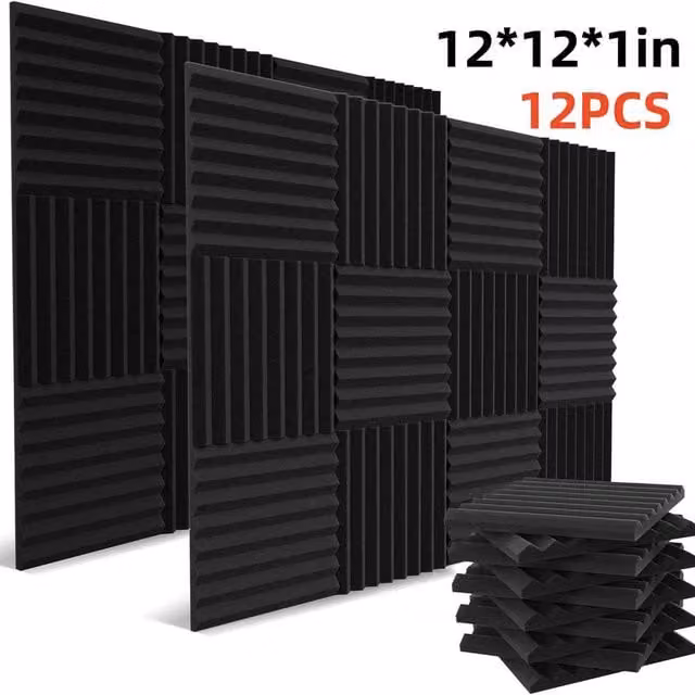 PAWNORA 12-Piece Acoustic Foam Panel Wall Tiles, Black, W/D/H: 30 x 30 x 2.5 cm