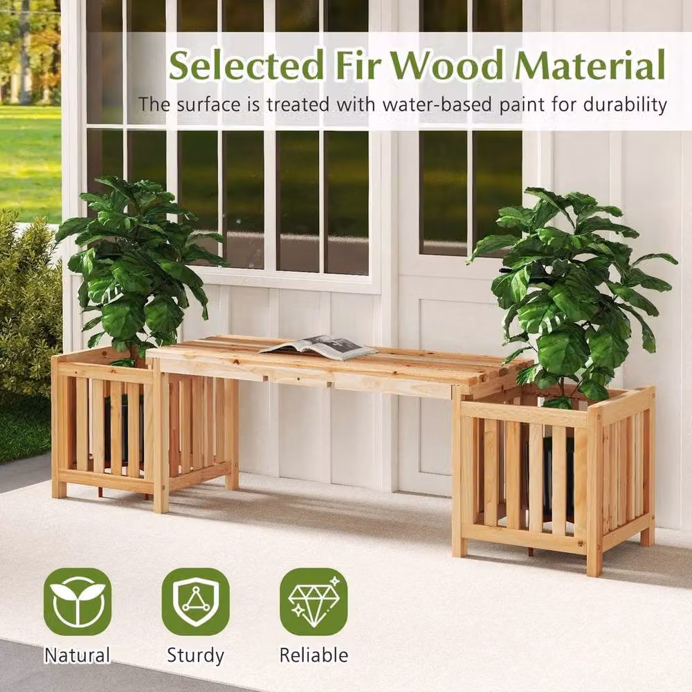 Kelvenix 2 Person Wooden Patio Bench with 2 Side Flower Boxes in Natural Brown and Beige – 3