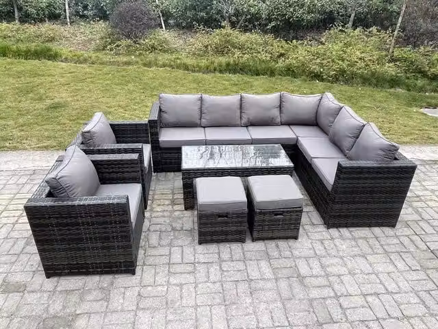 Fimous 10 Seater Rattan Corner Sofa Set with Rectangular Coffee Table and 2 Stools, Right Hand, Dark Grey