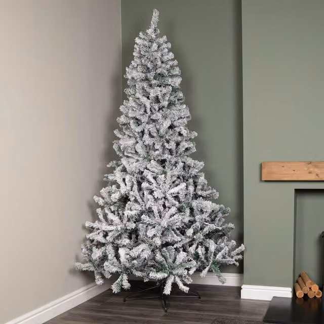 Samuel Alexander 8ft (2.4m) Snow Flocked Artificial Christmas Tree with Green Metal Stand and 1017 Tips – 1