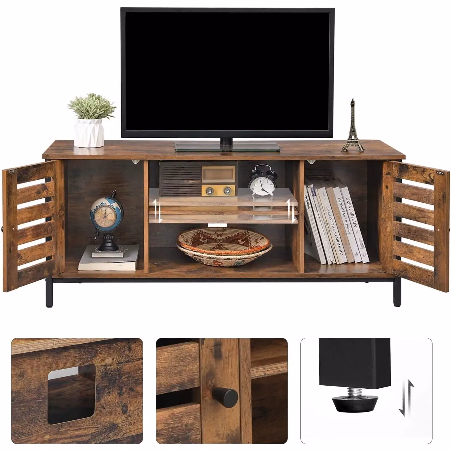 VASAGLE Industrial TV Stand Cabinet with Shelves and Louvered Doors in Brown – 4