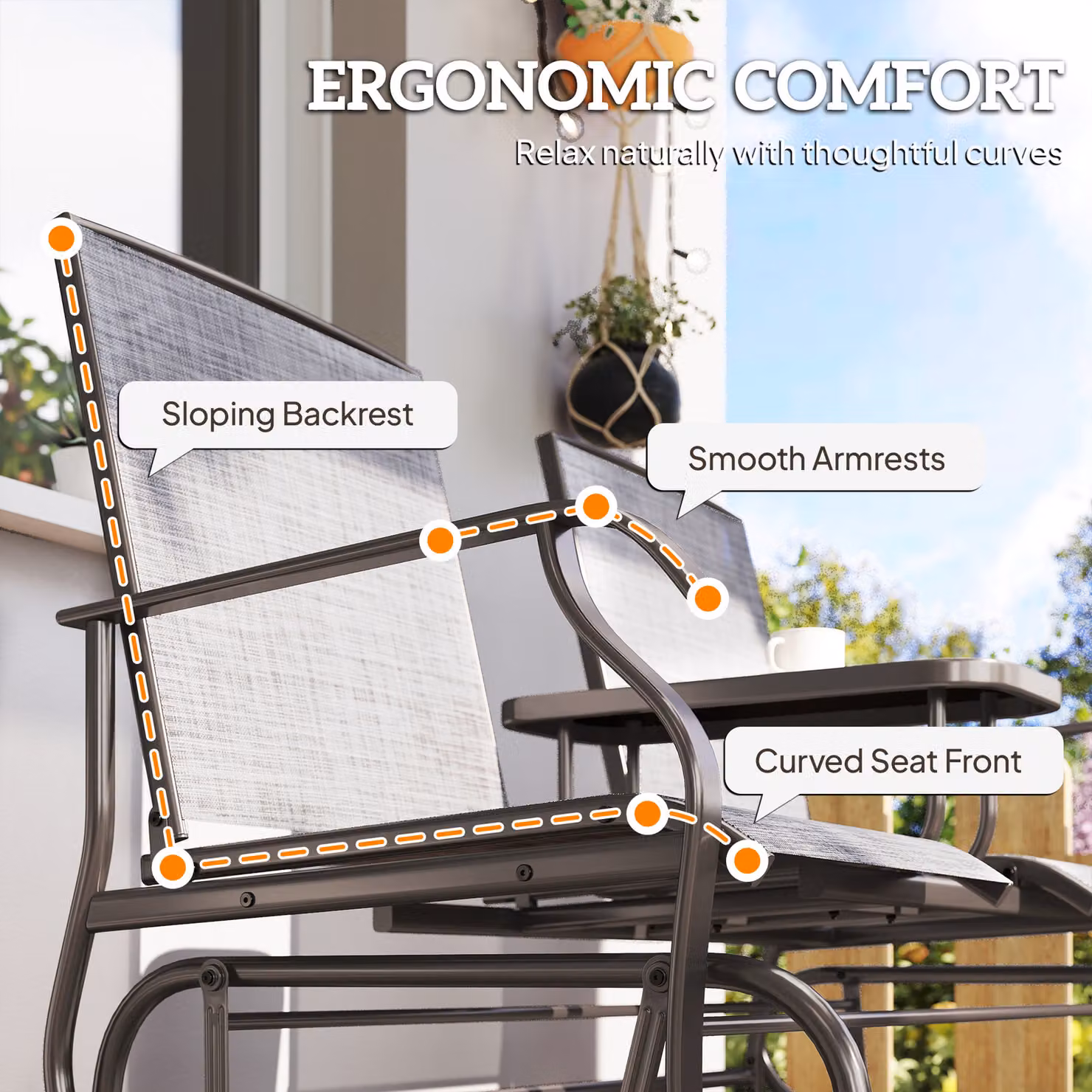 Outsunny Metal Double Swing Chair Glider with Side Table and Cushions, Grey – 6
