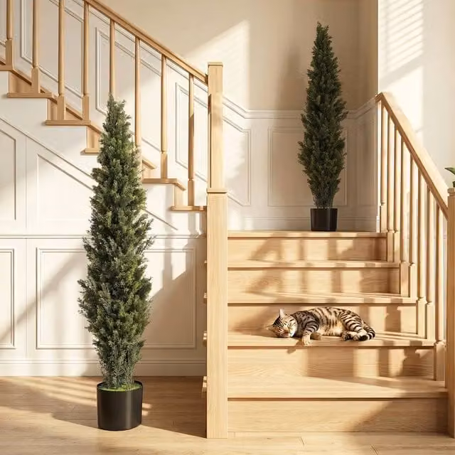 HOMCOM Set of 2 Green Artificial Cypress Trees in Weighted Concrete Pots, Height: 150 cm