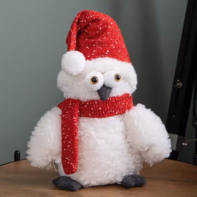 Samuel Alexander White and Multicolour Plush Christmas Goggle Owl Tabletop Decoration with Santa Hat, Height: 30 cm