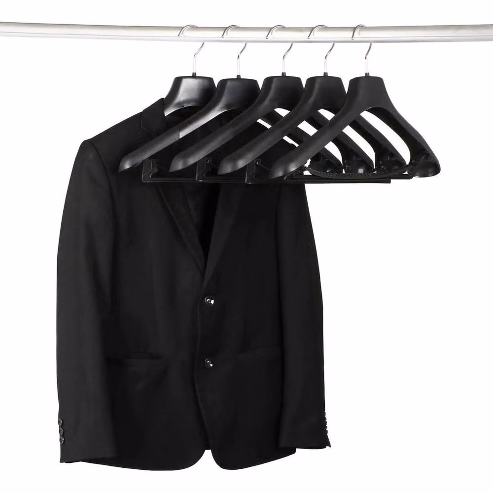 PAWNORA Set of 5 Broad Black Plastic Suit Hangers with Clips and Bar – 5