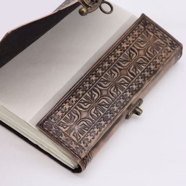 Lotus Mandala Esoteric Blank Notebook in Antique Grey Faux Leather Hardcover with 200 Pages