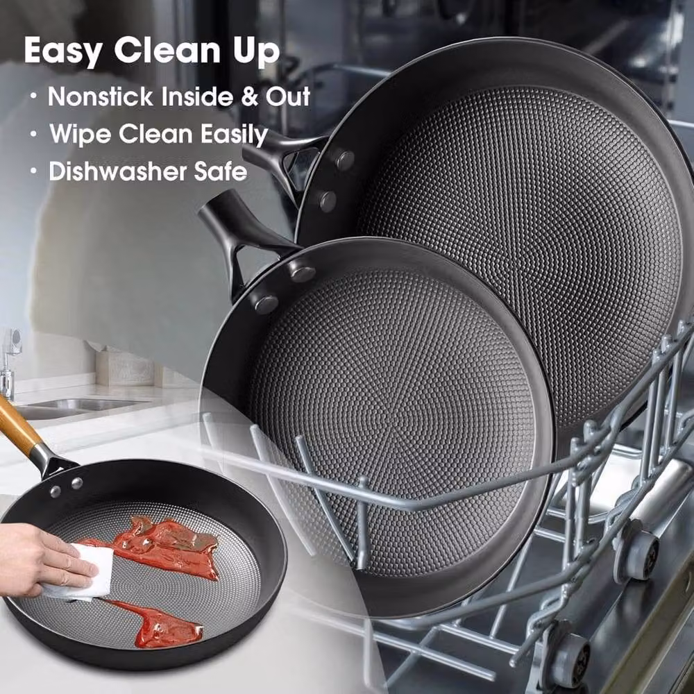 EONLION Non-Stick Cast Iron Frying Pan with Wooden Handle, Black, Diameter: 26 cm – 4