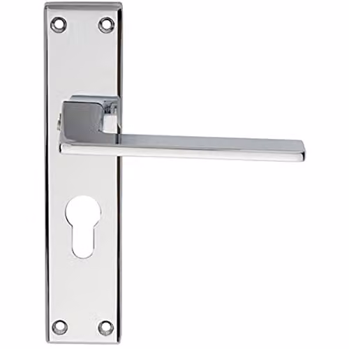 Loops Flat Straight Lever on Euro Lock Backplate Door Handle in Polished Chrome, W: 180 mm, H: 40 mm
