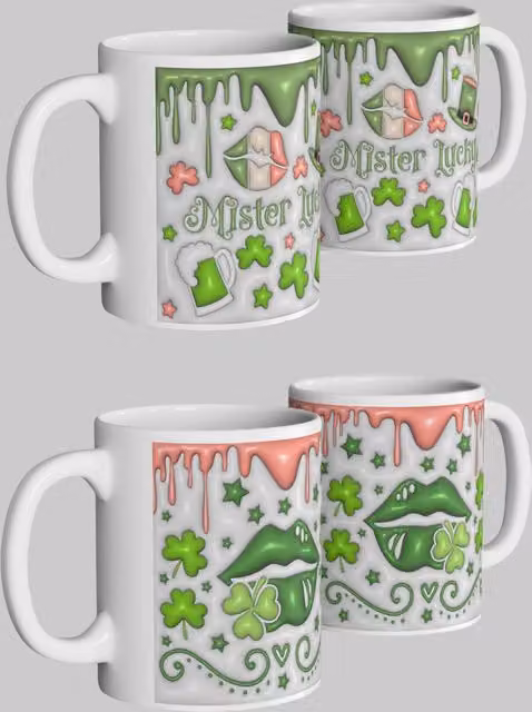 Simply Stunning Mugs St. Patrick's Day Mug Set with Mister Lucky and Shamrock Kiss Designs in White and Green