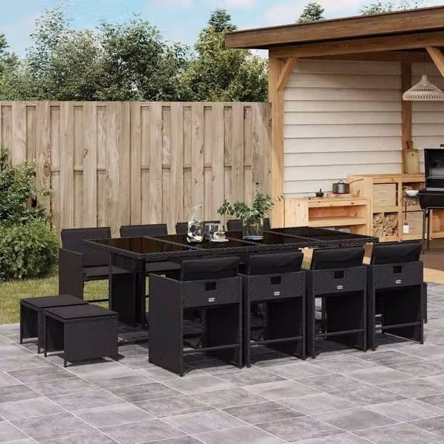 Berkfield Home 13 Piece Garden Dining Set with Black Poly Rattan Cushions