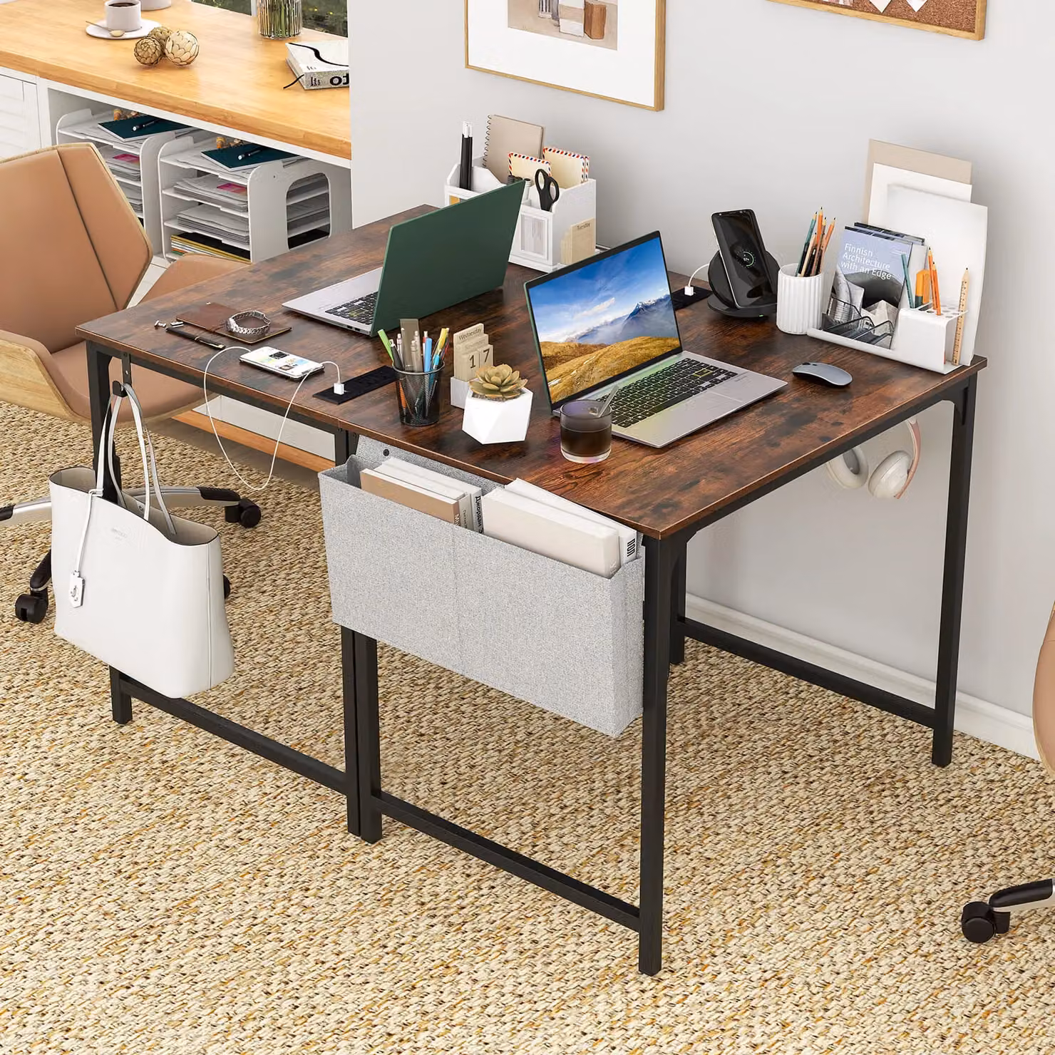 Costway Industrial Computer Desk with Charging Station in Brown – 6