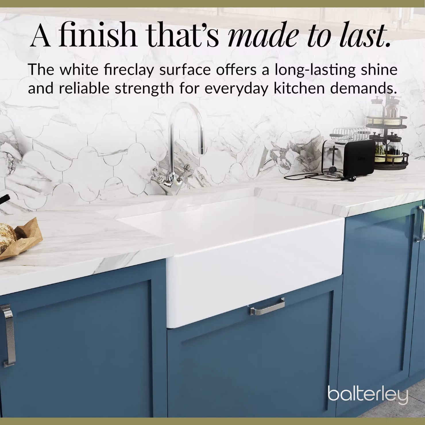 Balterley White Ceramic 1 Bowl Butler Sink with Tap Ledge, Mixer Tap and Waste, Width: 795 mm – 3